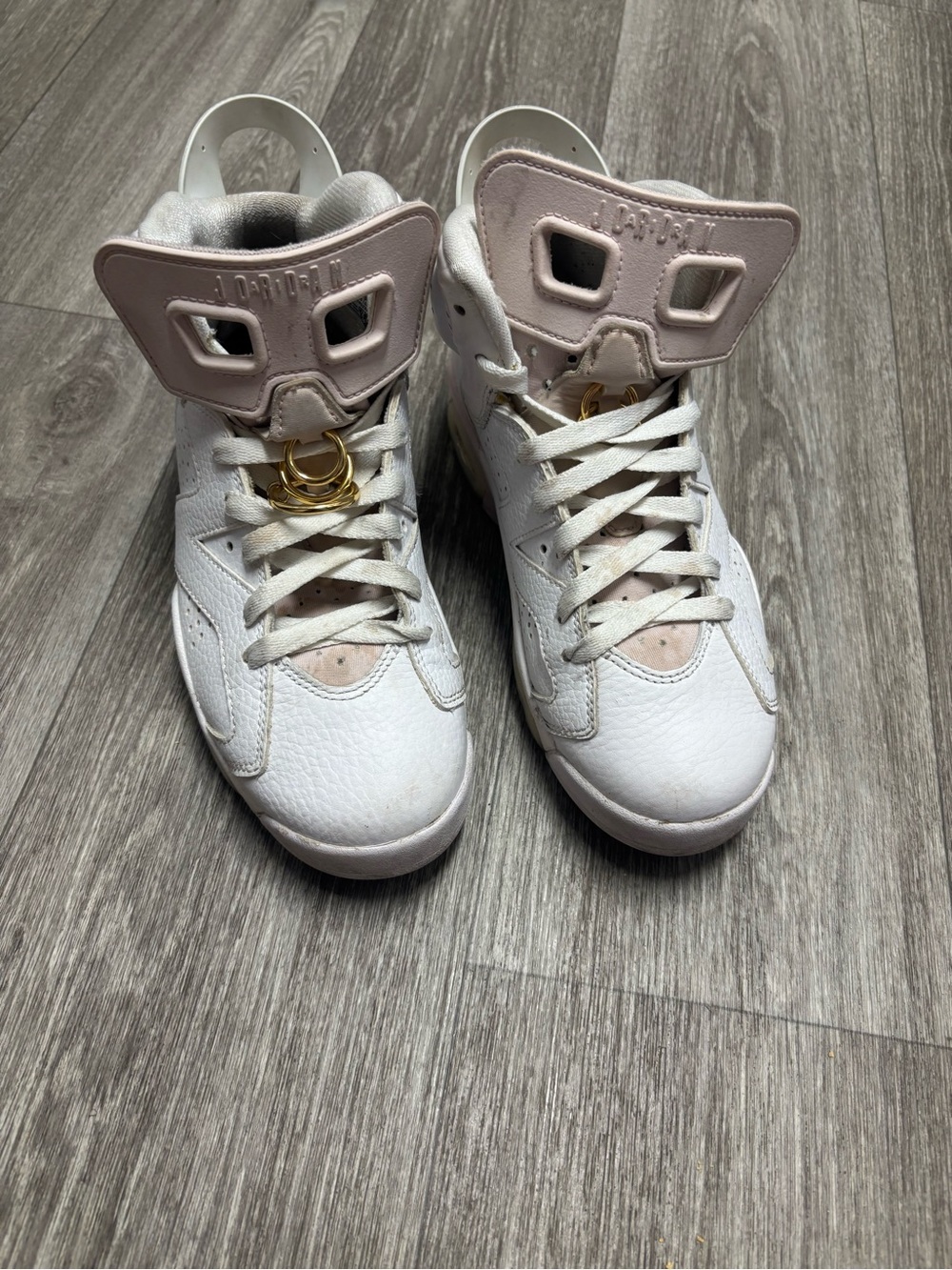 Women’s Air Jordan 6 Retro Gold Hoops White Pink Sneakers Size 7